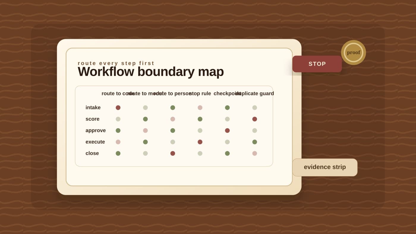 An agent workflow boundary map worksheet routes intake, score, approve, execute, and close steps across code, model, person, stop, checkpoint, and duplicate-guard columns.