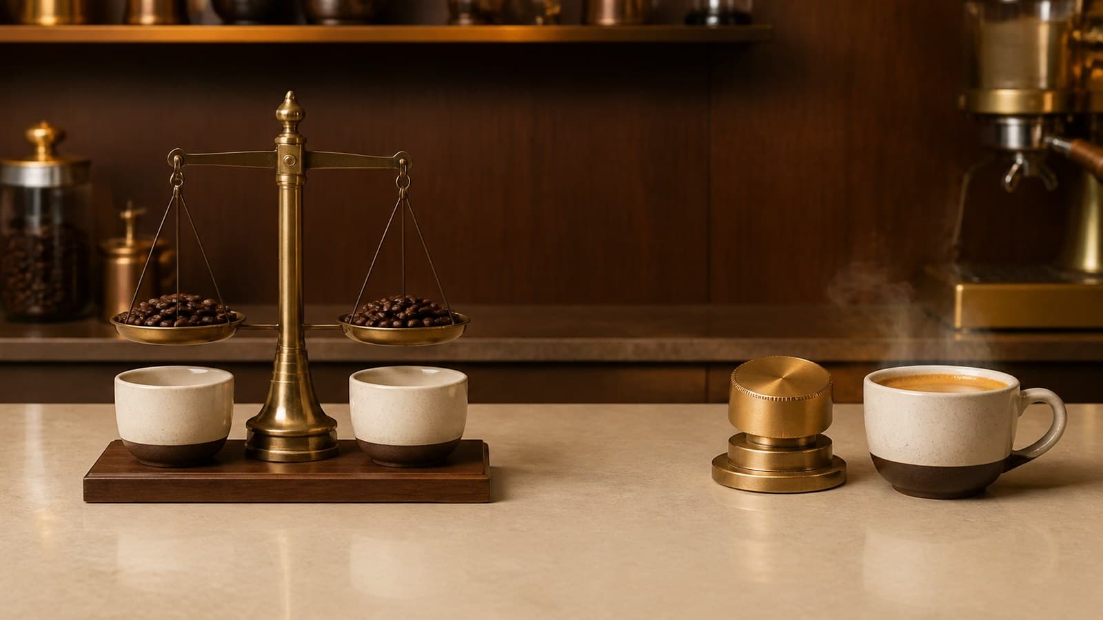 A brass balance holds equal piles of dark roasted objects above two empty cream vessels; an open gap separates them from a brass dial and a steaming filled vessel.