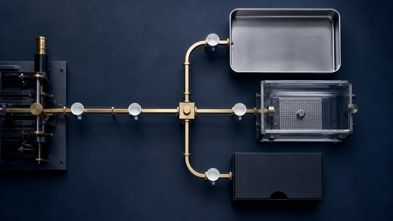 A brass rail branches toward an empty steel tray, a transparent chamber, and a closed black box on a dark workbench.