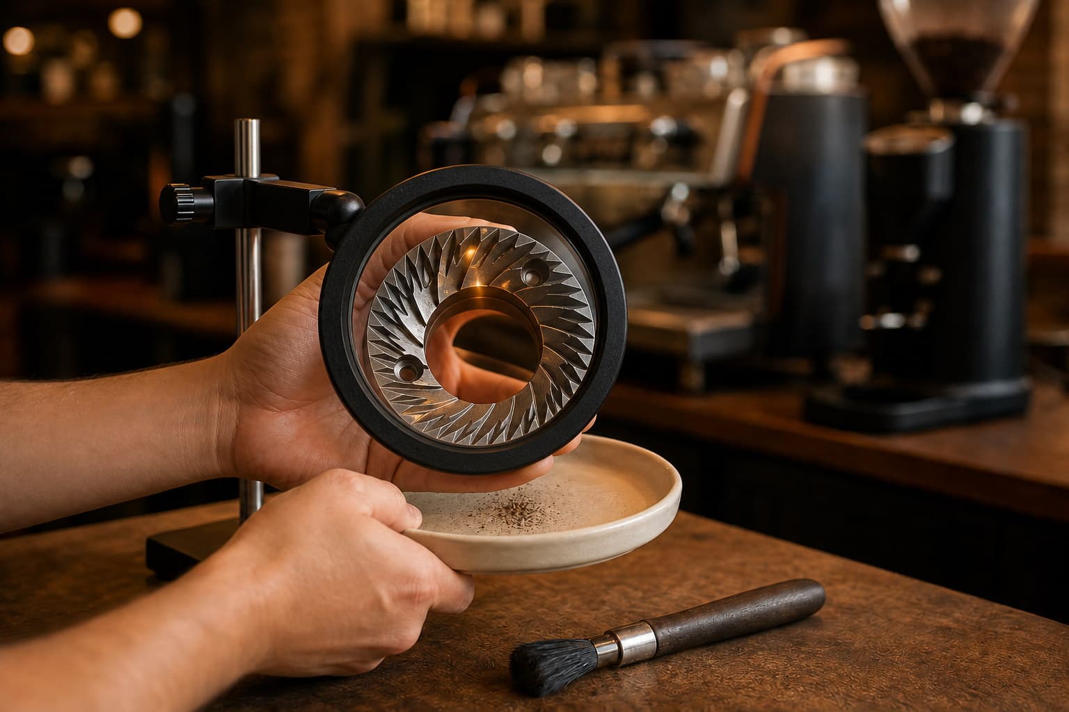 A barista examines a removed coffee-grinder burr through a magnifying lens over a ceramic tray.