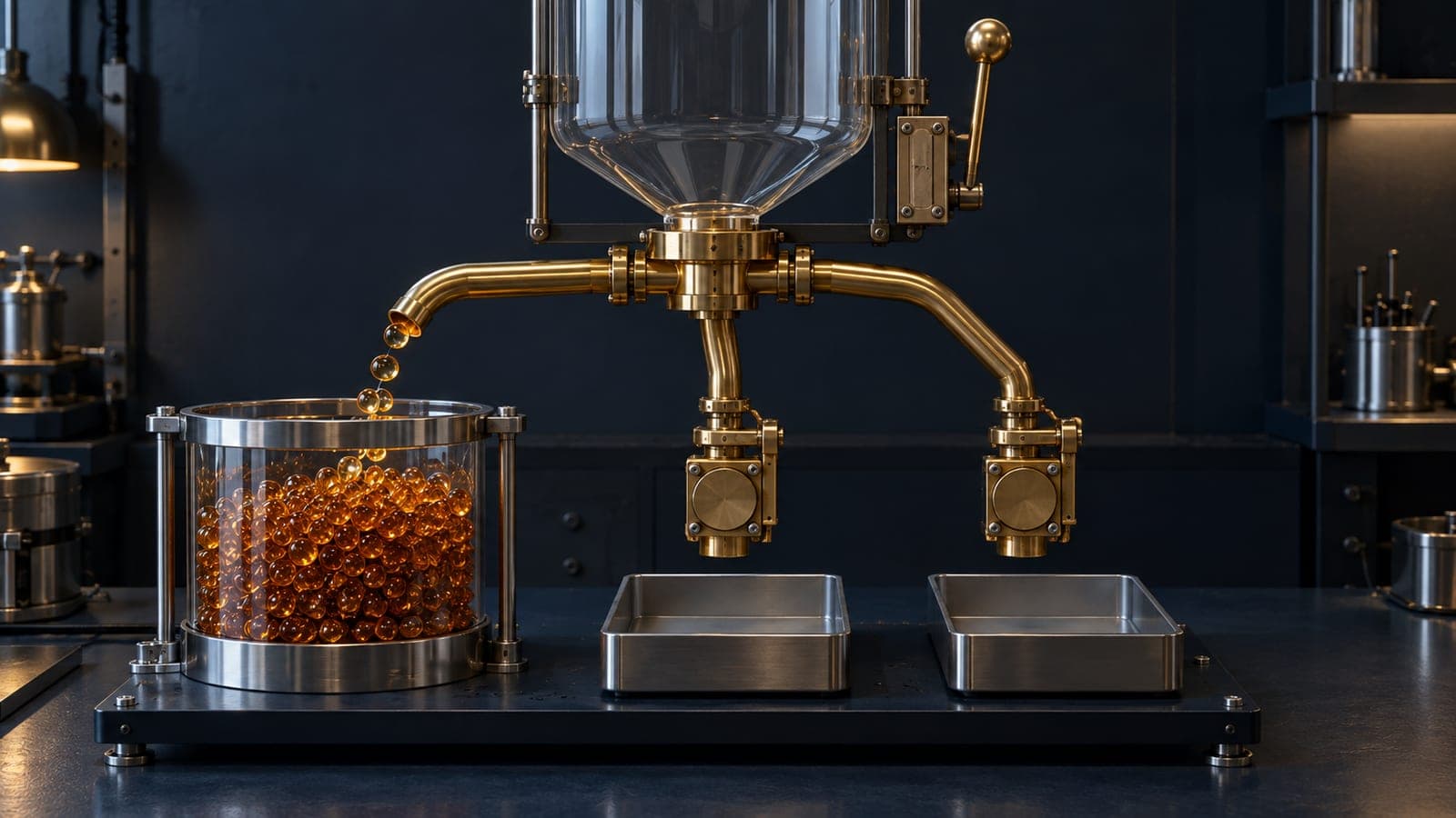 An empty common glass hopper sits above three brass channels; one large vessel is full while two small metal trays remain empty behind closed gates.