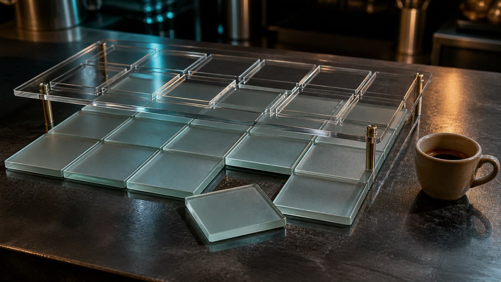 A raised clear grid stands above a lower grid of frosted glass tiles, with one loose tile in front.