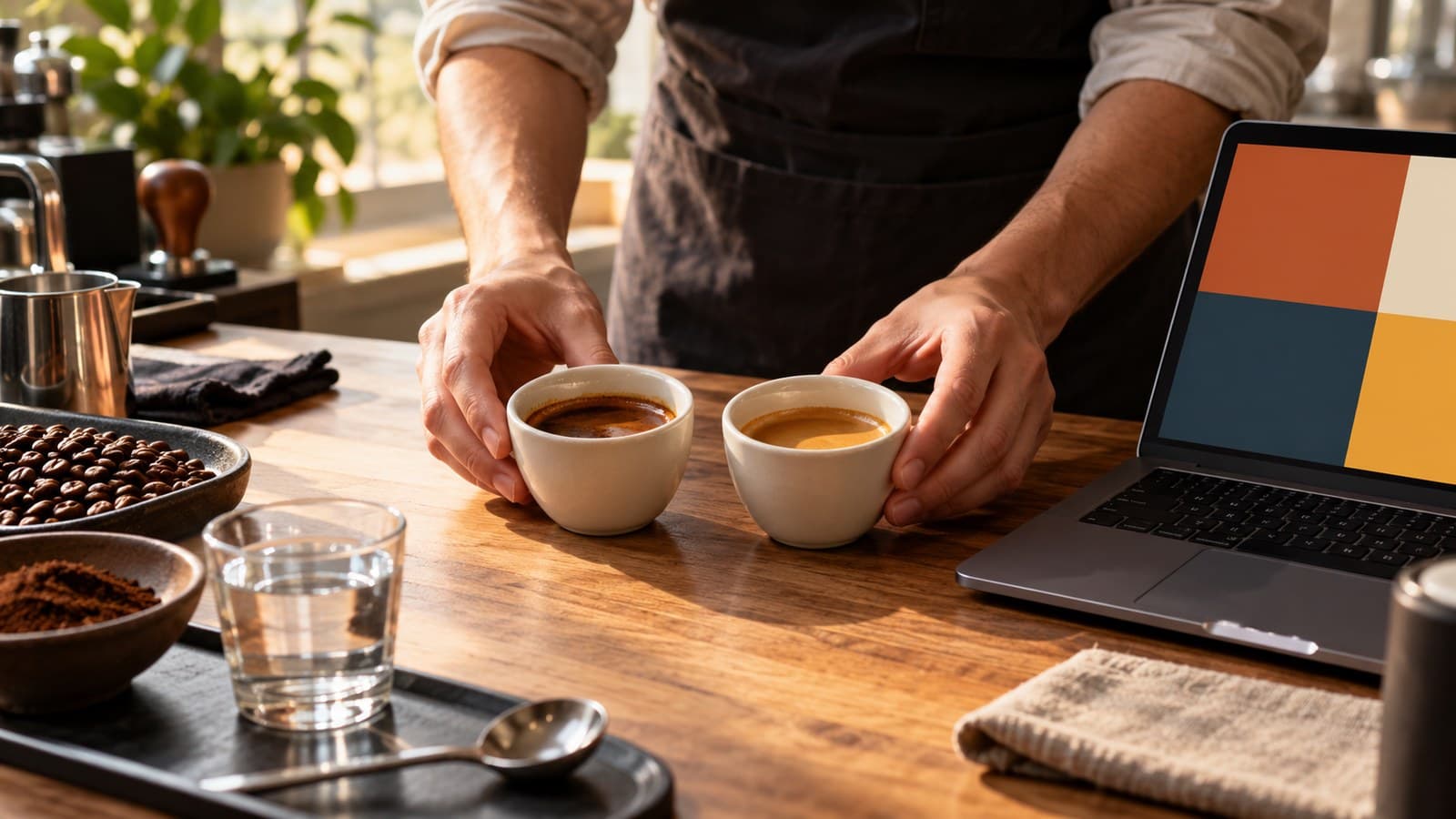 A worker holds two small ceramic vessels with dark drinks beside a laptop with abstract color blocks.