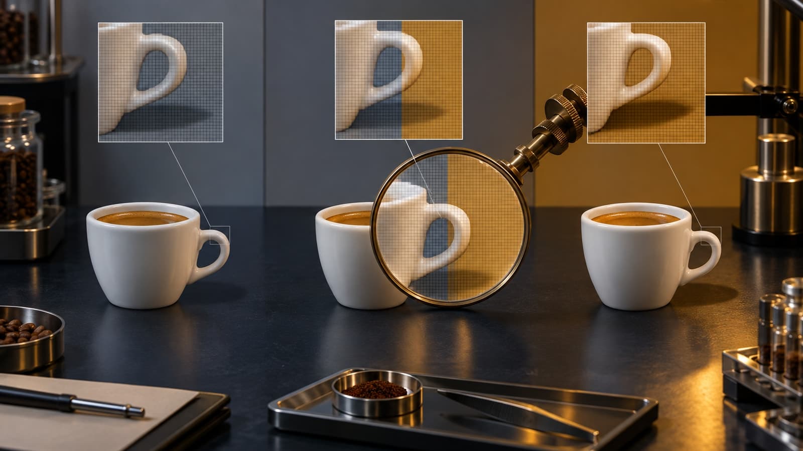 Three cream ceramic vessels sit on a dark inspection bench while a brass magnifier examines the center vessel and its shadow.