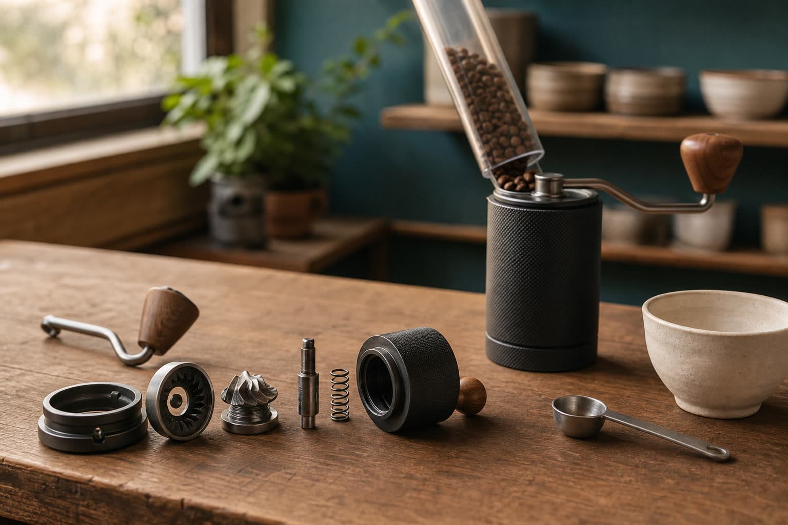 An intact black hand grinder receives coffee beans from a clear chute beside a second grinder disassembled into burr, shaft, spring, and housing parts, with a metal scoop and ceramic cupping bowl on a wooden coffee-lab bench.