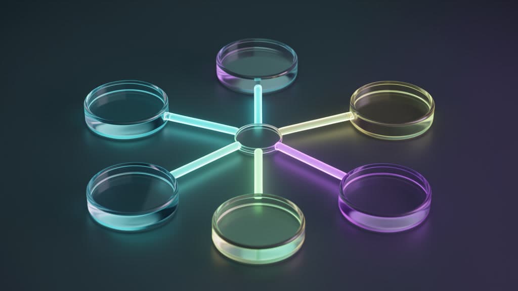 An abstract call rehearsal path: five unlabeled glass circles connected by glowing cyan, green, and violet tubes around a central hub, suggesting identity, appointment change, escalation, transcript, and rollback checkpoints without text or icons.