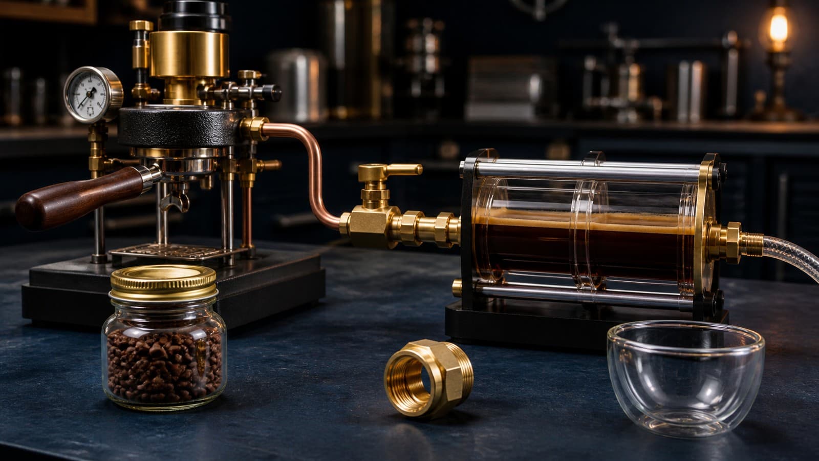A compact brass liquid-processing apparatus connects through a valve to a clear chamber, beside a jar of dark granules, a loose coupling, and an empty glass vessel.