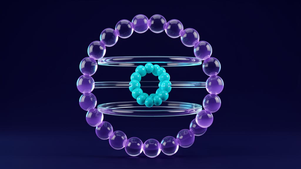 A large ring of translucent violet beads surrounds a smaller cyan bead ring between three clear glass hoops on a dark navy background.