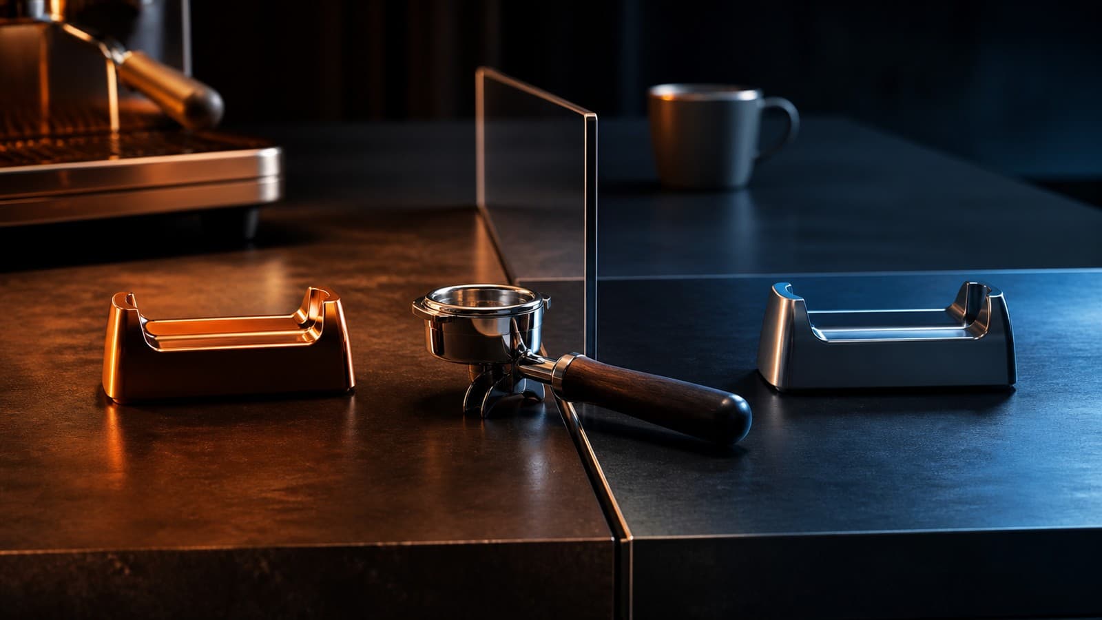 A handled metal tool rests across the boundary between a copper-lit work surface and a blue-lit work surface, with one empty metal cradle on each side.