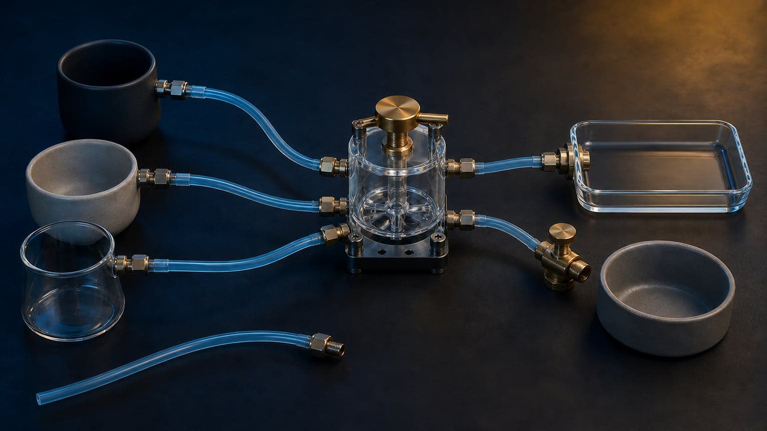 Three empty vessels connect by blue tubes to a central glass chamber; one output reaches an empty glass tray, another ends at a brass stop beside an empty bowl, and a loose tube lies below.