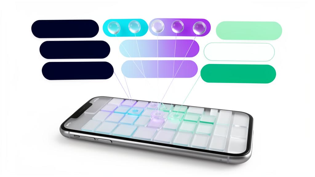 Blank glass fields and glowing action wells hover above a smartphone, illustrating a text-field action map without labels.