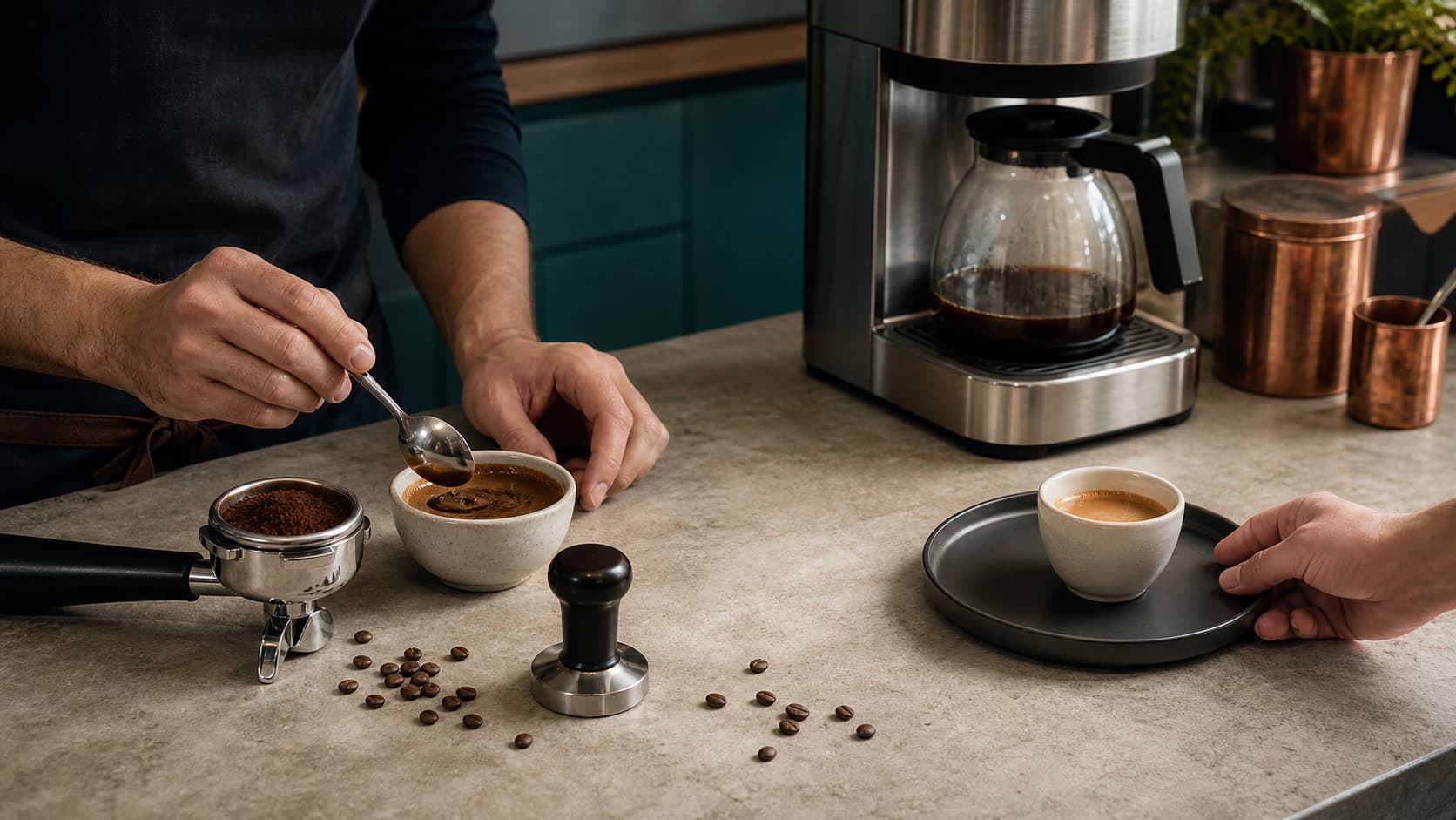 One person holds a spoon over a ceramic bowl of coffee beside a filled portafilter and tamper, while another hand grips the edge of a tray holding an espresso; a drip coffee maker and glass carafe stand behind them.