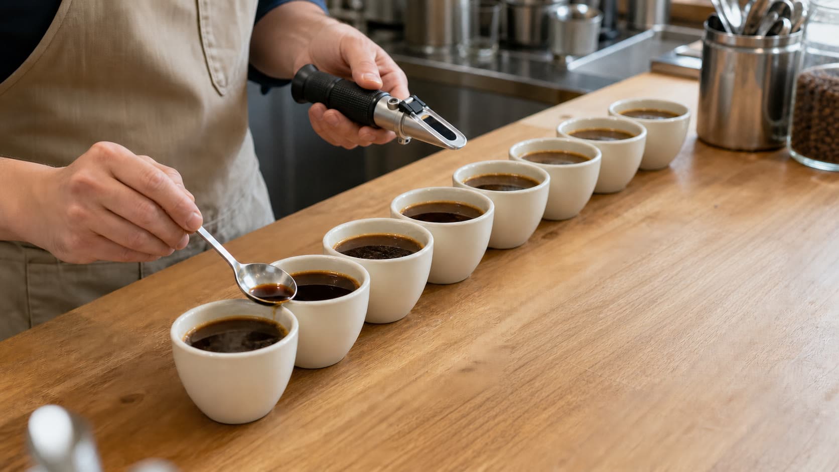 A barista lifts coffee with a cupping spoon beside a diagonal row of ceramic tasting cups while holding an optical refractometer.