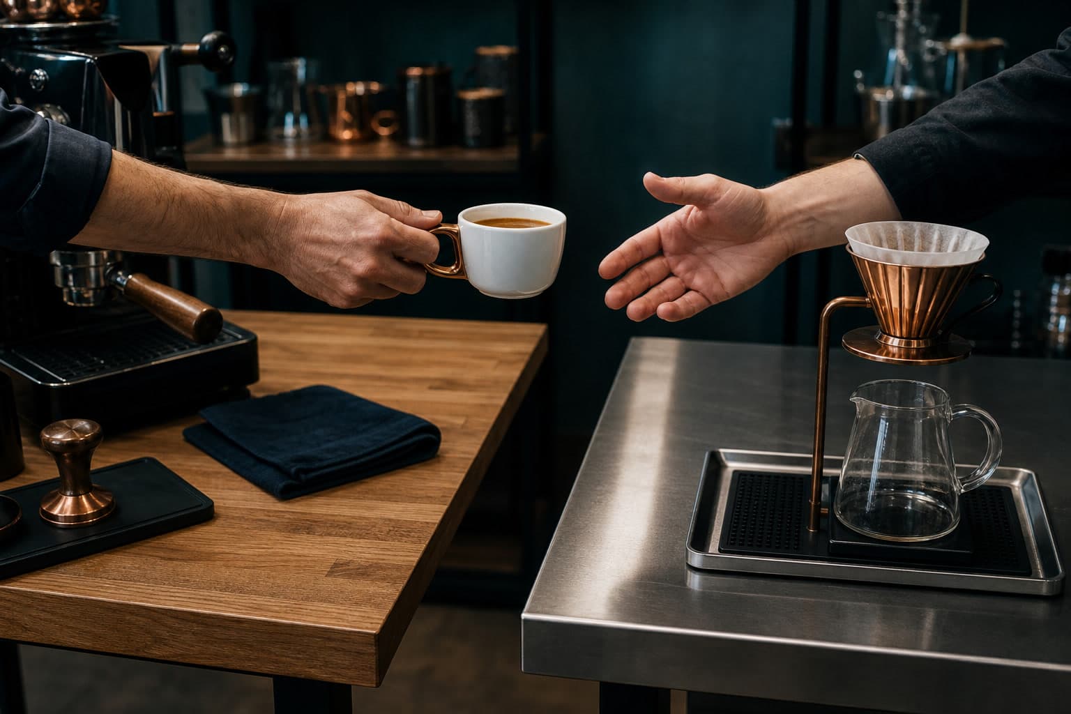 One hand passes a white cup with a copper-colored handle from an espresso station toward a second hand beside a pour-over brewer.