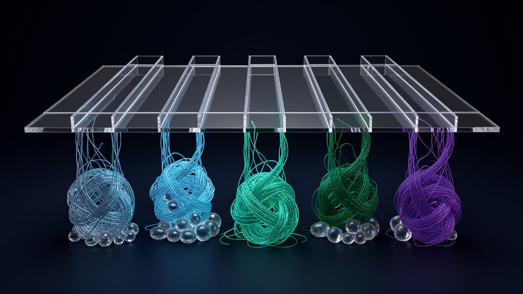 Six polished modular AI lanes resting above an irregular network of local operational paths