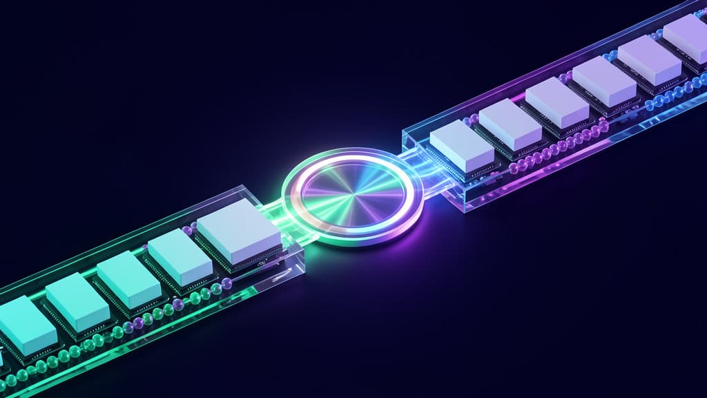 Two cool-toned glass lanes, one carrying blank GPU capacity blocks and one carrying model capsules, converge into a single glowing endpoint ring with no text or labels.