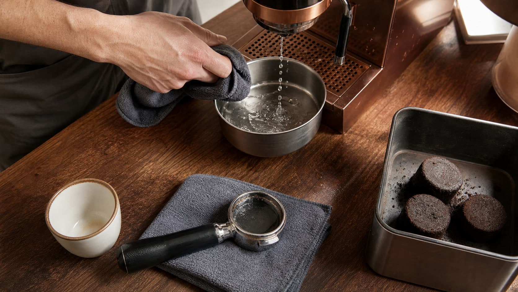 Water drains from an espresso machine into a metal bowl beside a portafilter, three spent coffee pucks, and an empty cup.