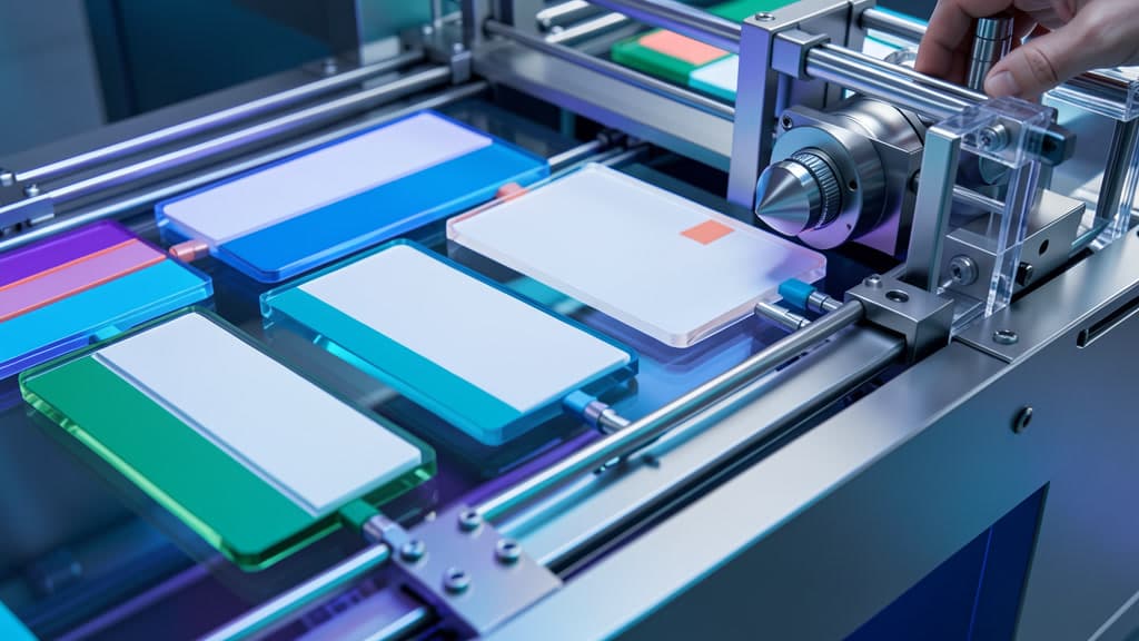 A cool-toned workflow compiler detail: blank structured brief cards pass through a glass-and-metal mechanism and become modular workflow components with a review gesture near the gate.
