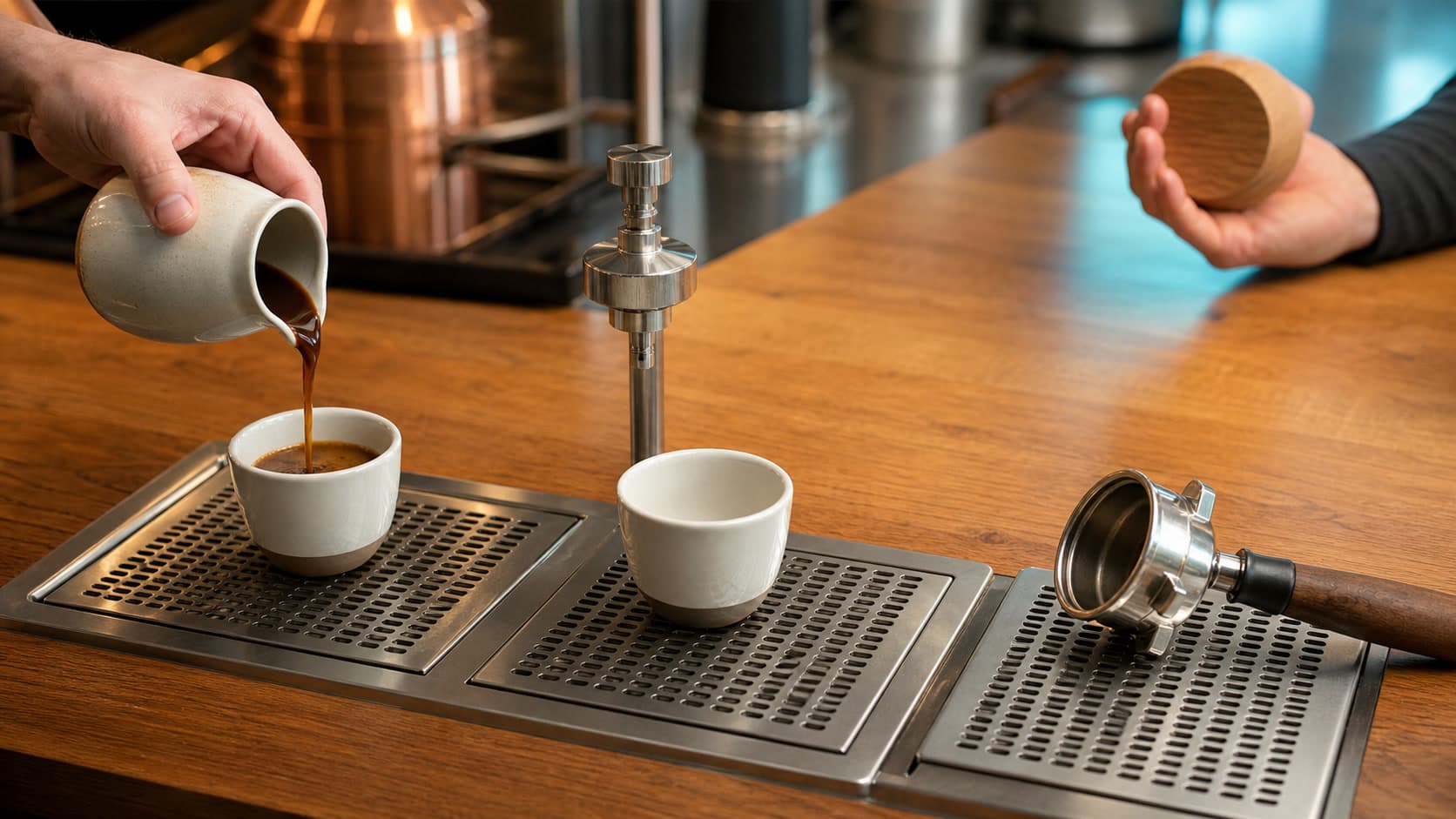 A hand pours coffee from a ceramic pitcher into one of two ceramic cups, while another hand holds a wooden cylinder near an upright metal fixture and a portafilter.