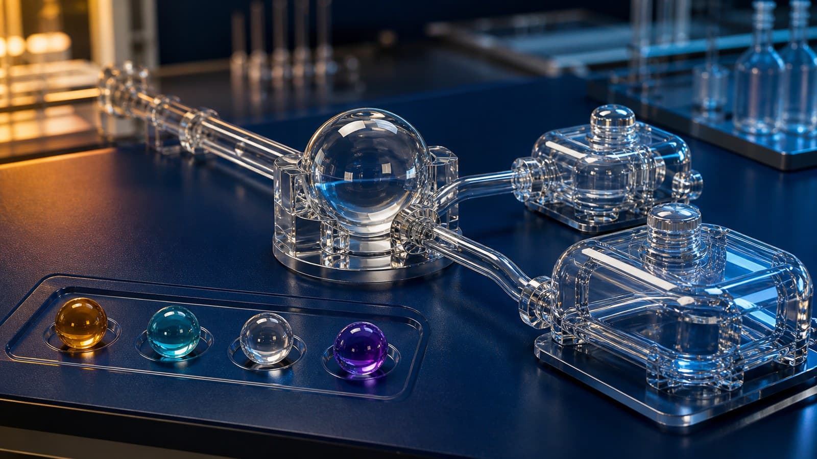 A clear sphere rests in a central cradle connected to two transparent chambers, beside four colored glass beads.