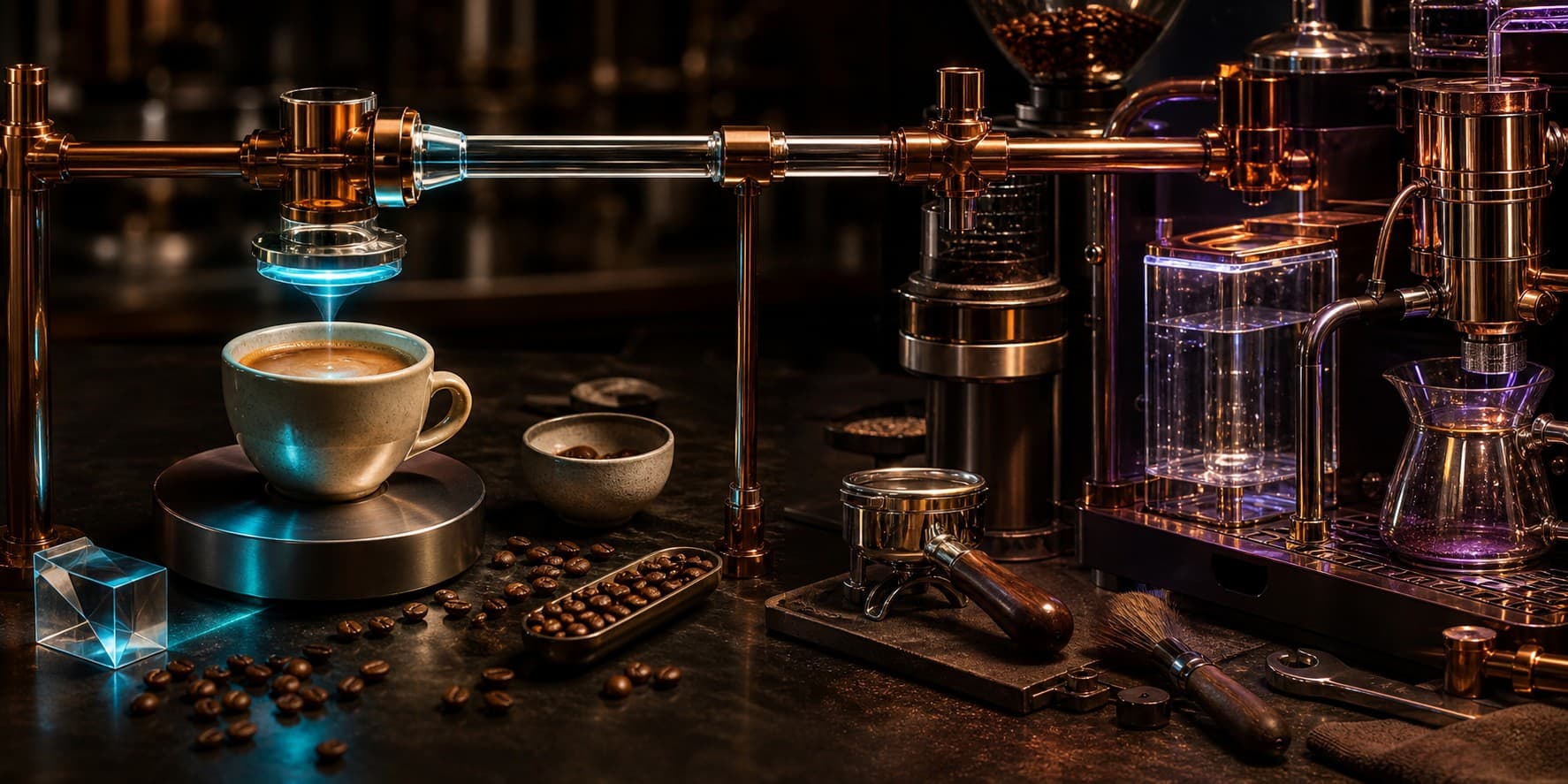 An espresso cup under a blue-lit calibration head sits beside coffee beans on the left, while a grinder, portafilter, brush, reservoirs, and copper piping fill the production station on the right.
