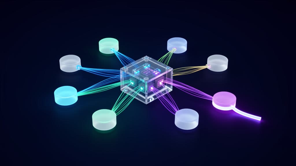 One user request enters a central switchboard, branches to several blank agent nodes, then returns through a receipt lane.