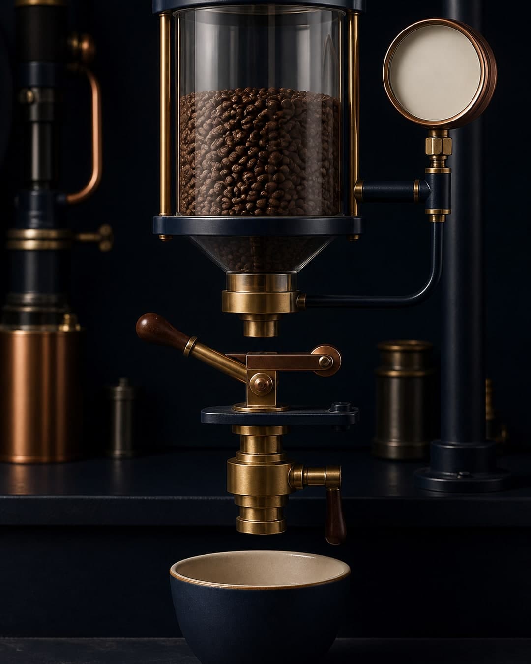 A clear hopper of dark roasted granules sits above two separate brass levers and an empty ceramic vessel on a dark workbench.
