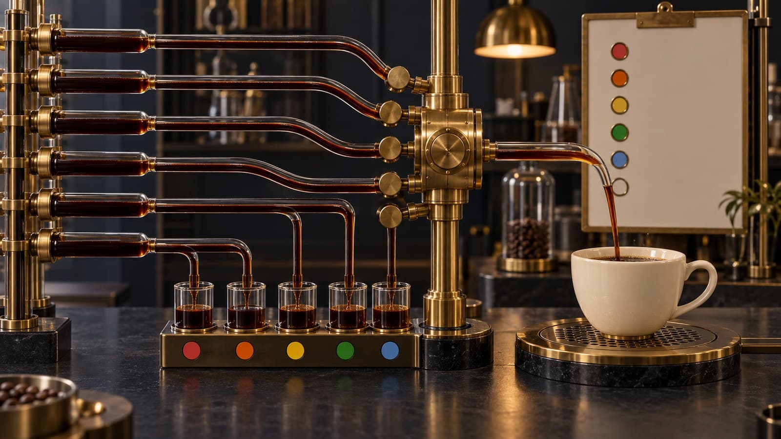 Six glass channels carry dark liquid samples toward one brass quality-control gate and a single ceramic vessel.