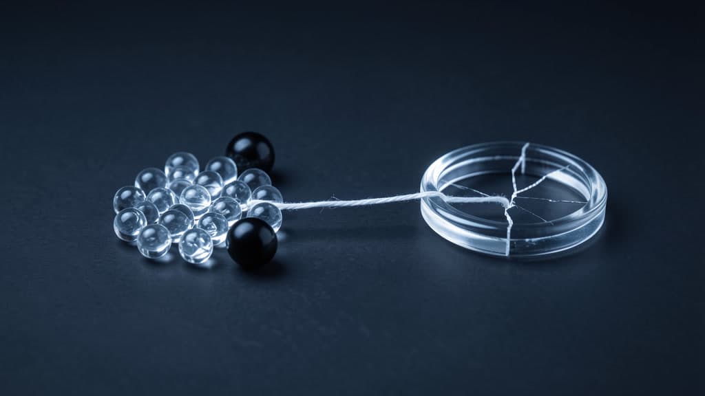 A single strand of light separates one cluster of glass capsules from another in a dark studio, tracing one path to a solitary dark node and another to a hairline crack.