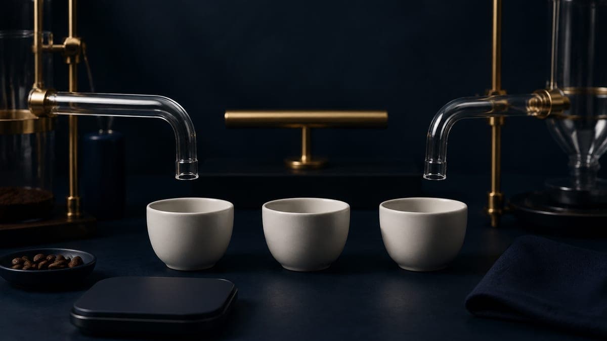 Two separate glass channels terminate at three empty ceramic test vessels beside a blank brass review lever.