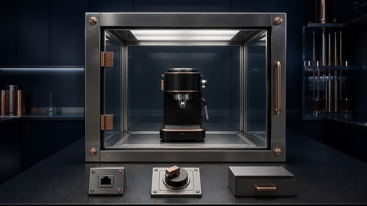 An empty network socket, a rotary switch, and a closed metal drawer sit outside a sealed glass chamber containing an idle metal brewing appliance.