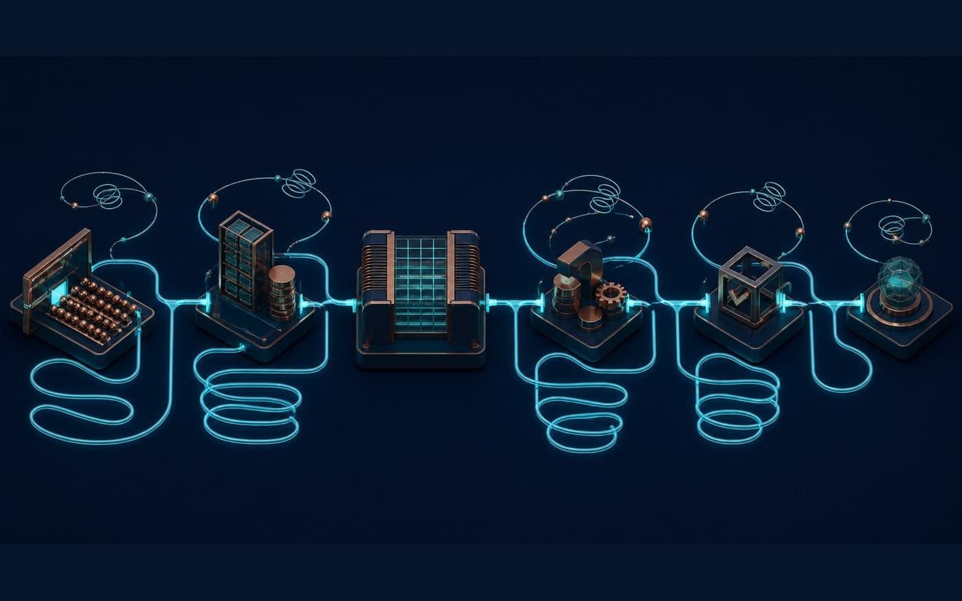A textless constructed diagram links six abstract processing modules with one cyan path, including long loops around stages before and after a larger central compute module.