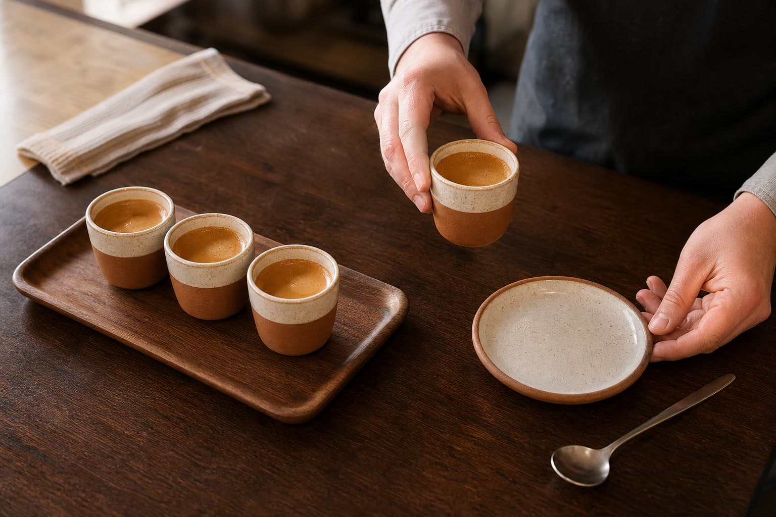 Three filled espresso cups sit together on a wooden tray while a hand moves a fourth cup toward an empty saucer beside a spoon.