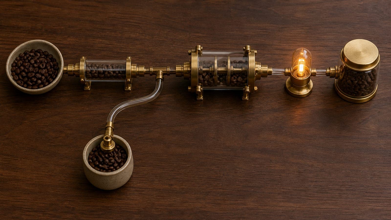A brass and glass path connects an input dish, two chambers, an amber lamp, and a closed archive vessel, with one separate branch to another vessel.