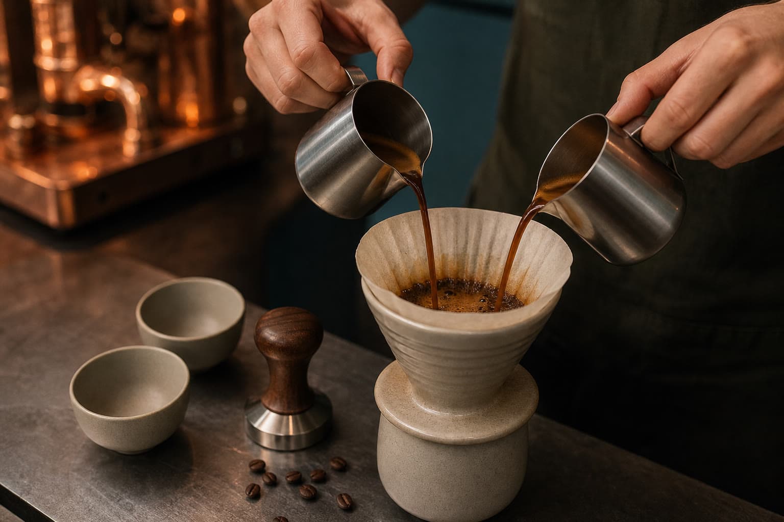 Two hands tip two stainless-steel pitchers, sending two dark streams into one paper filter in a ceramic dripper above a ceramic vessel. Two empty bowls, a tamper, and scattered coffee beans sit beside the dripper.