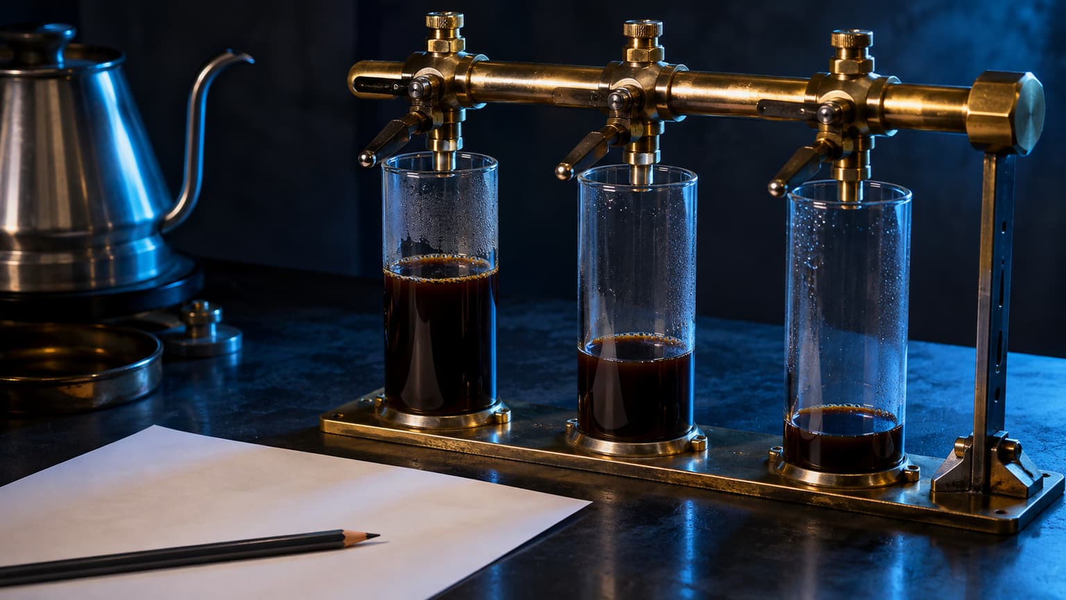 Three independent glass cylinders with different amounts of dark liquid sit beneath separate brass valves beside a blank sheet and pencil.