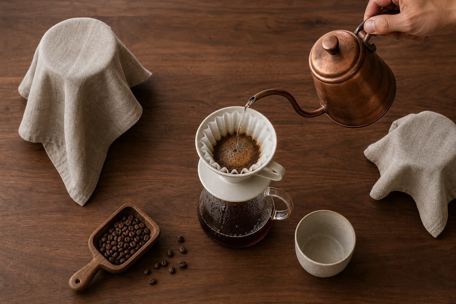 A hand pours water from a copper gooseneck kettle into a white coffee dripper above a glass carafe, between two linen-covered objects on a dark wooden workbench.