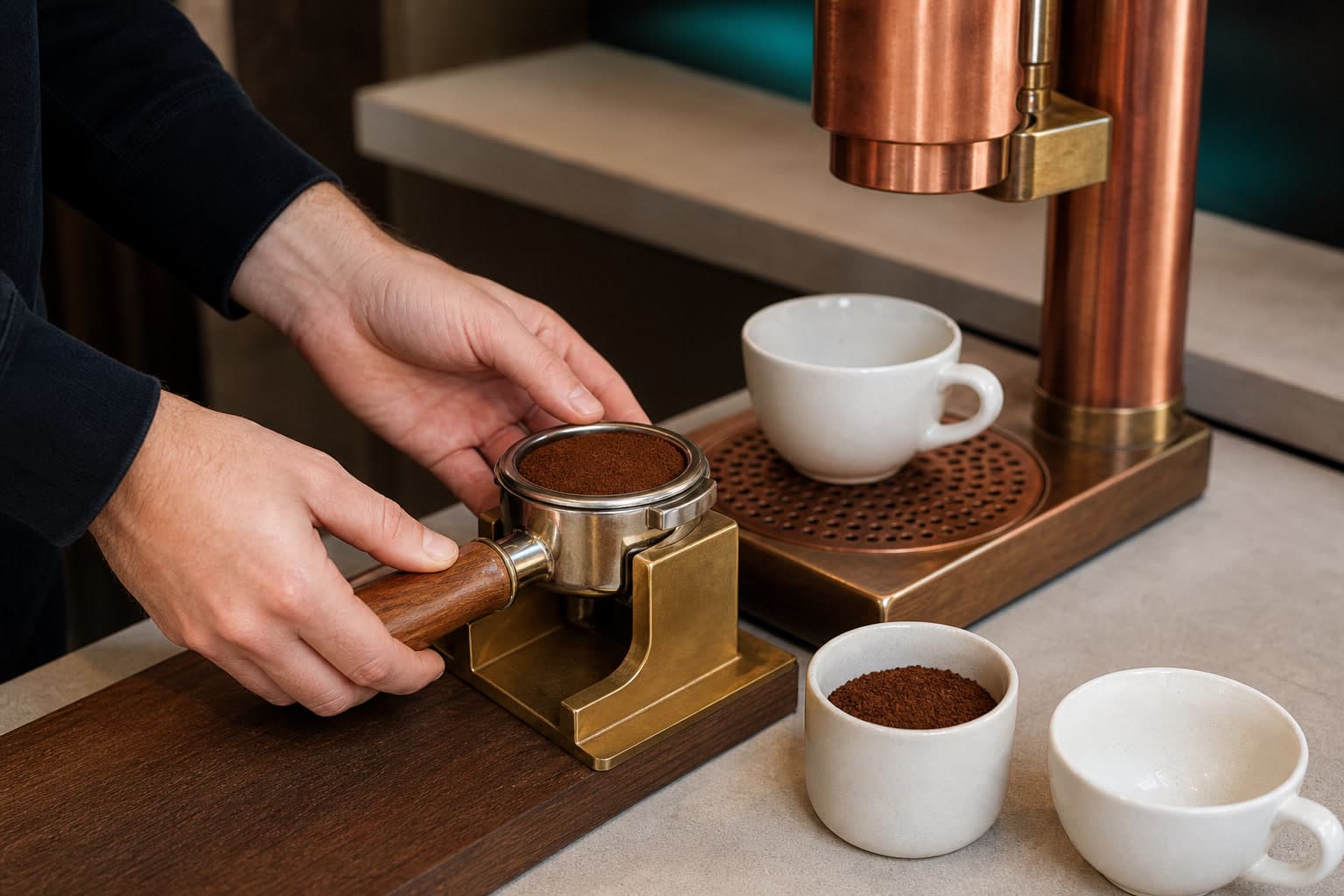 Two hands hold a metal portafilter filled with coffee grounds in a brass cradle beside a copper espresso press, two white cups, and a ceramic cup of grounds.