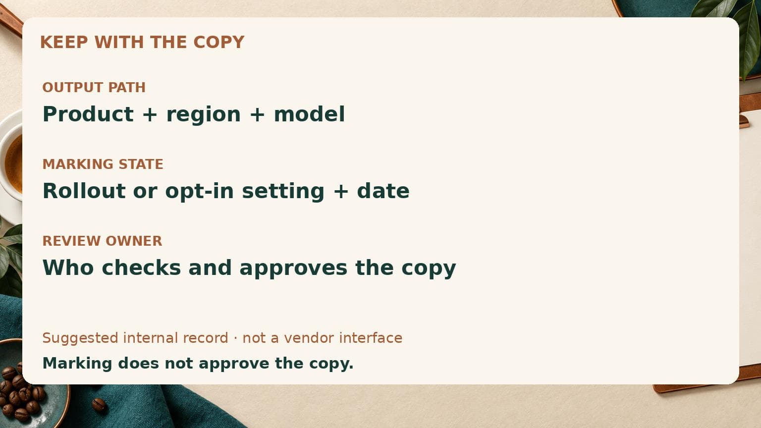 Suggested internal copy record preserves the output path, marking state and date, and the person responsible for review.