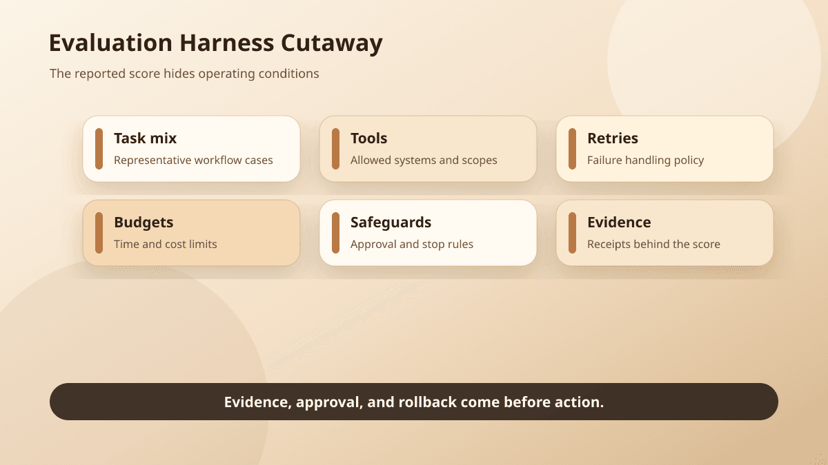 AI agent evaluation harness cutaway showing tools, retries, budgets, safeguards, scoring, and receipt evidence.