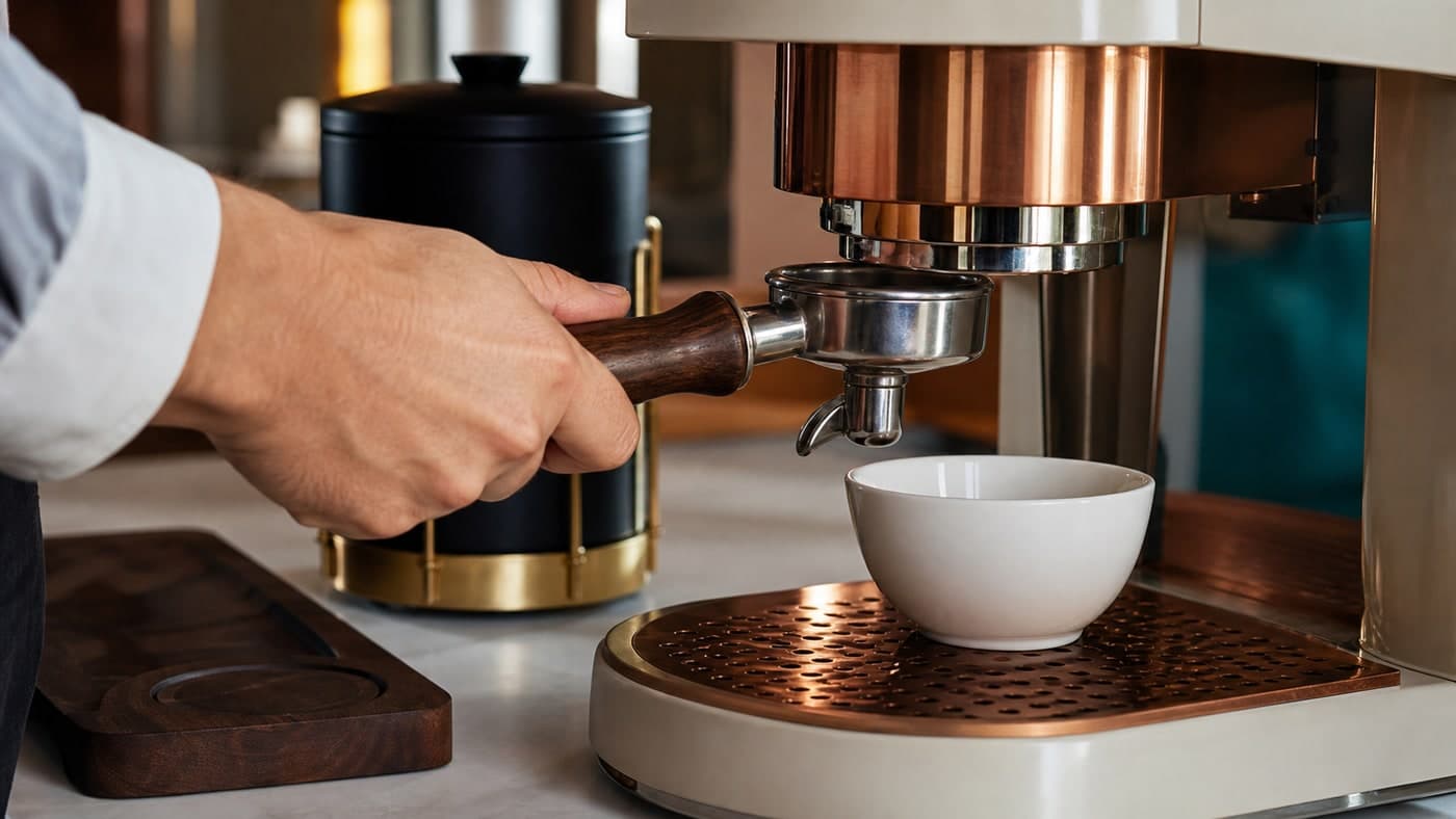 A barista's hands position a wooden-handled portafilter beneath a copper espresso group head above an empty white cup, with a black canister resting in a brass cradle behind.