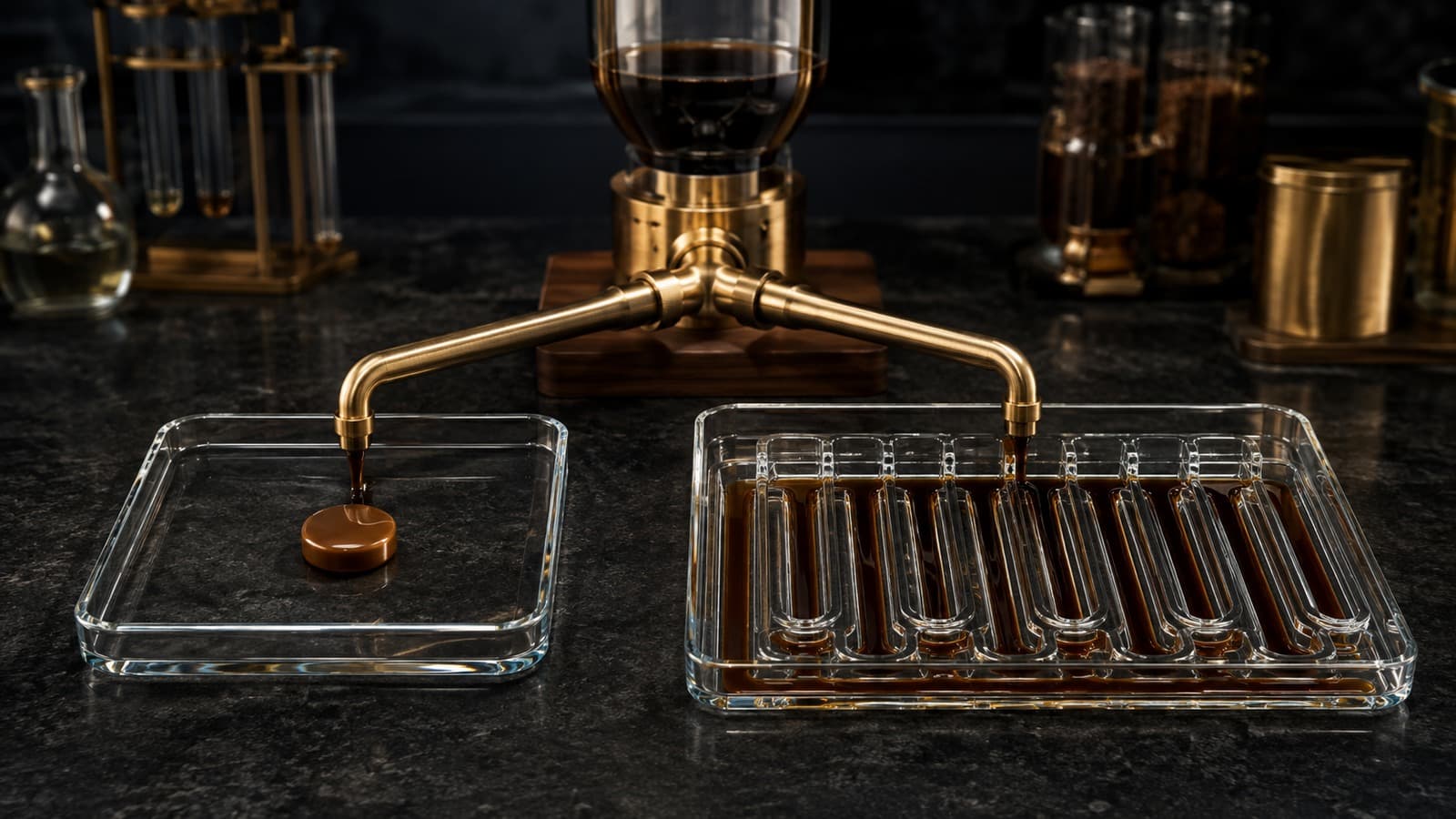Two adjacent glass trays hold a small summary token and a larger layered flow pattern fed by the same brass tube.