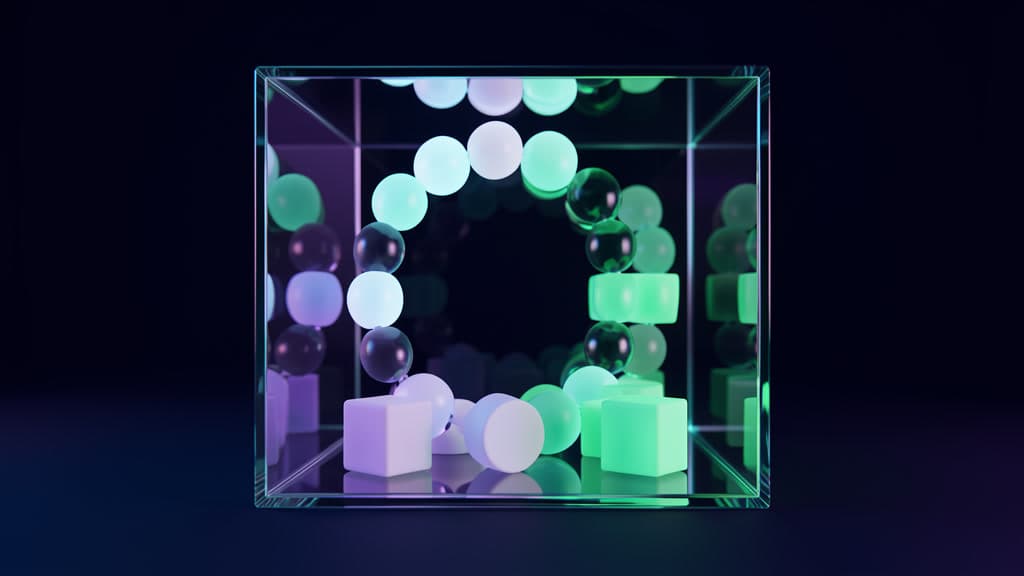 A cool-toned glass permission corridor with blank access tokens, a sealed vault bead, a sandbox cube, an egress ring, and an audit bead trail