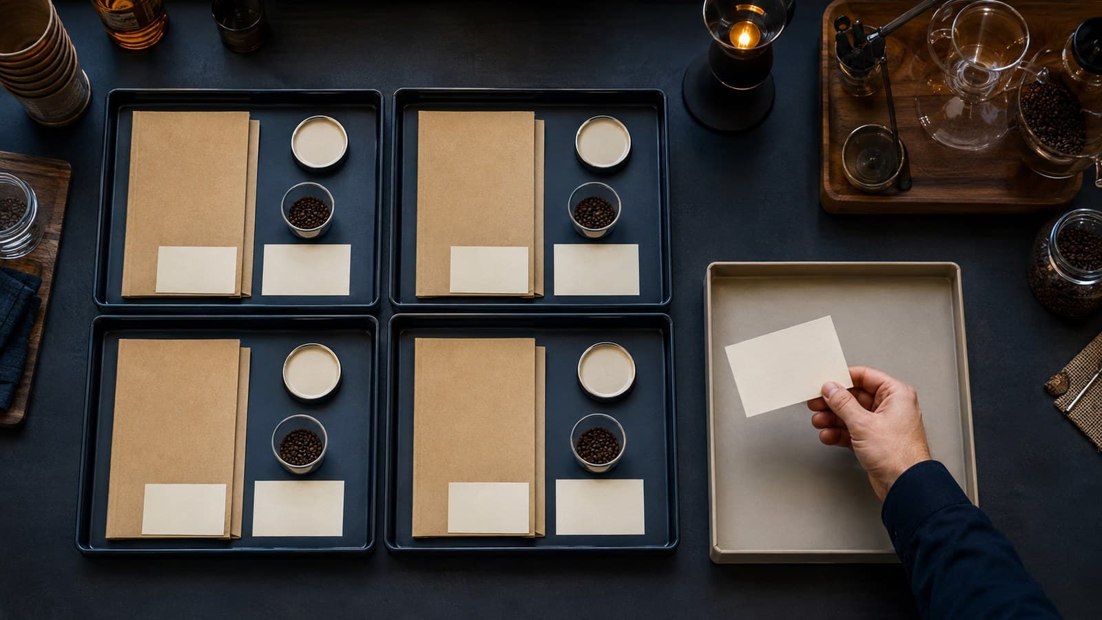 Four separate account trays hold blank evidence slips and samples while a person reviews one slip beside a separate action tray.