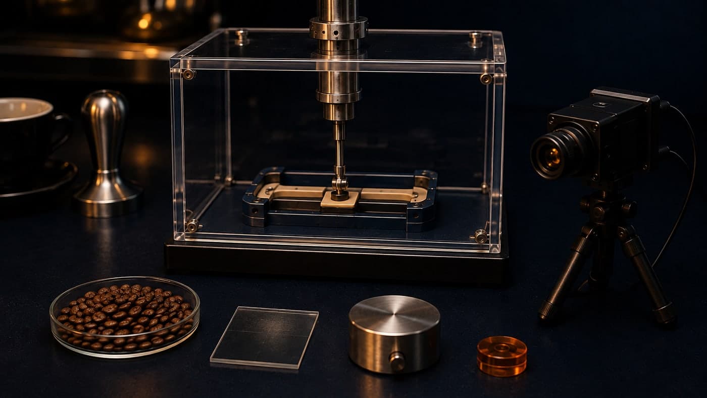 A mechanical actuator and camera face one enclosed miniature course, while an amber preference token remains outside the automatic test area.