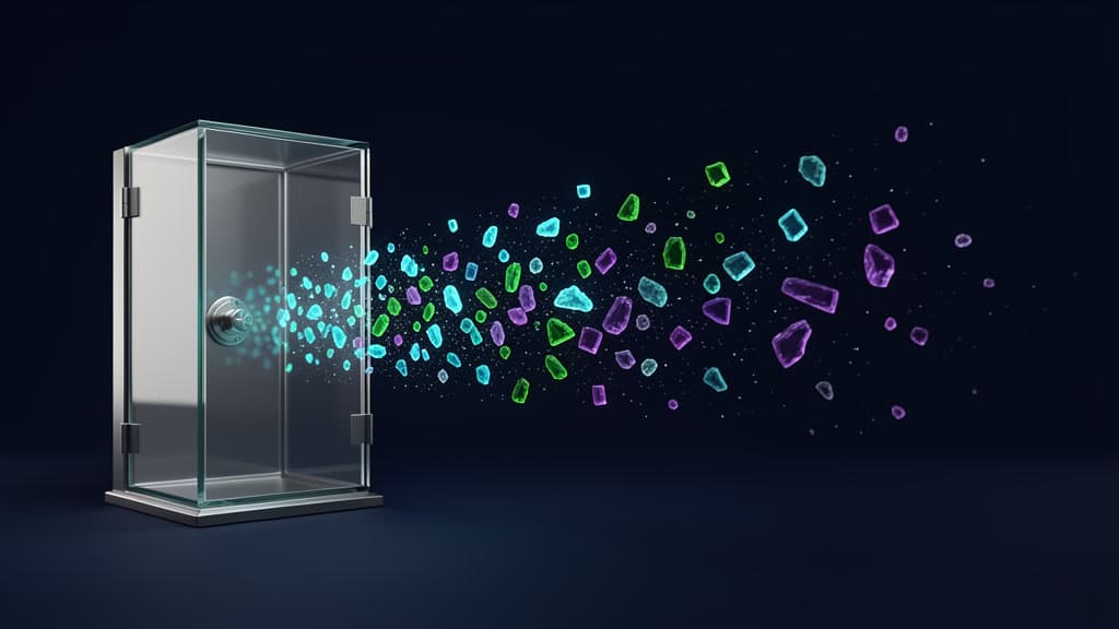 Glowing query shards forming a mosaic trail outside a sealed private vault