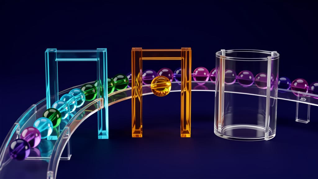 Colored glass beads move through transparent rails and glass gates, with one bead paused inside an amber gate before a clear review well.