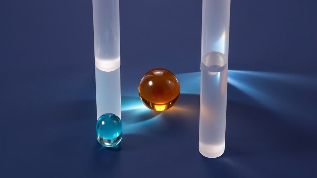 A small cyan glass sphere and a larger amber glass sphere sit between three translucent vertical columns, with cyan and amber light pooling across a dark blue surface.
