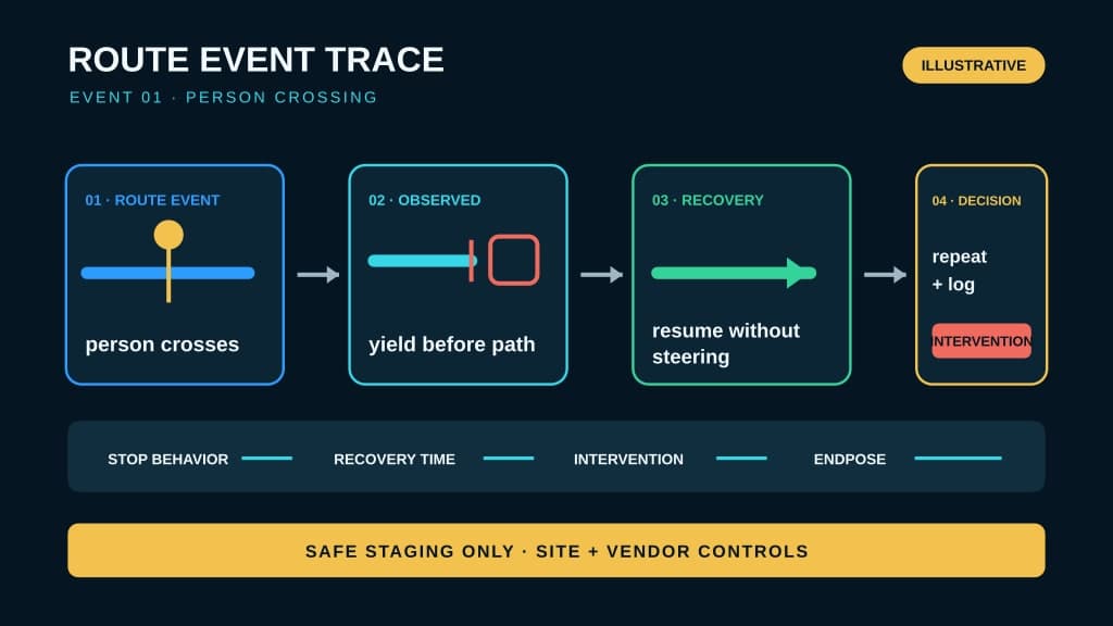 An illustrative route event trace connects a person crossing to the robot yielding, resuming without steering, and a decision to repeat the run and log intervention.