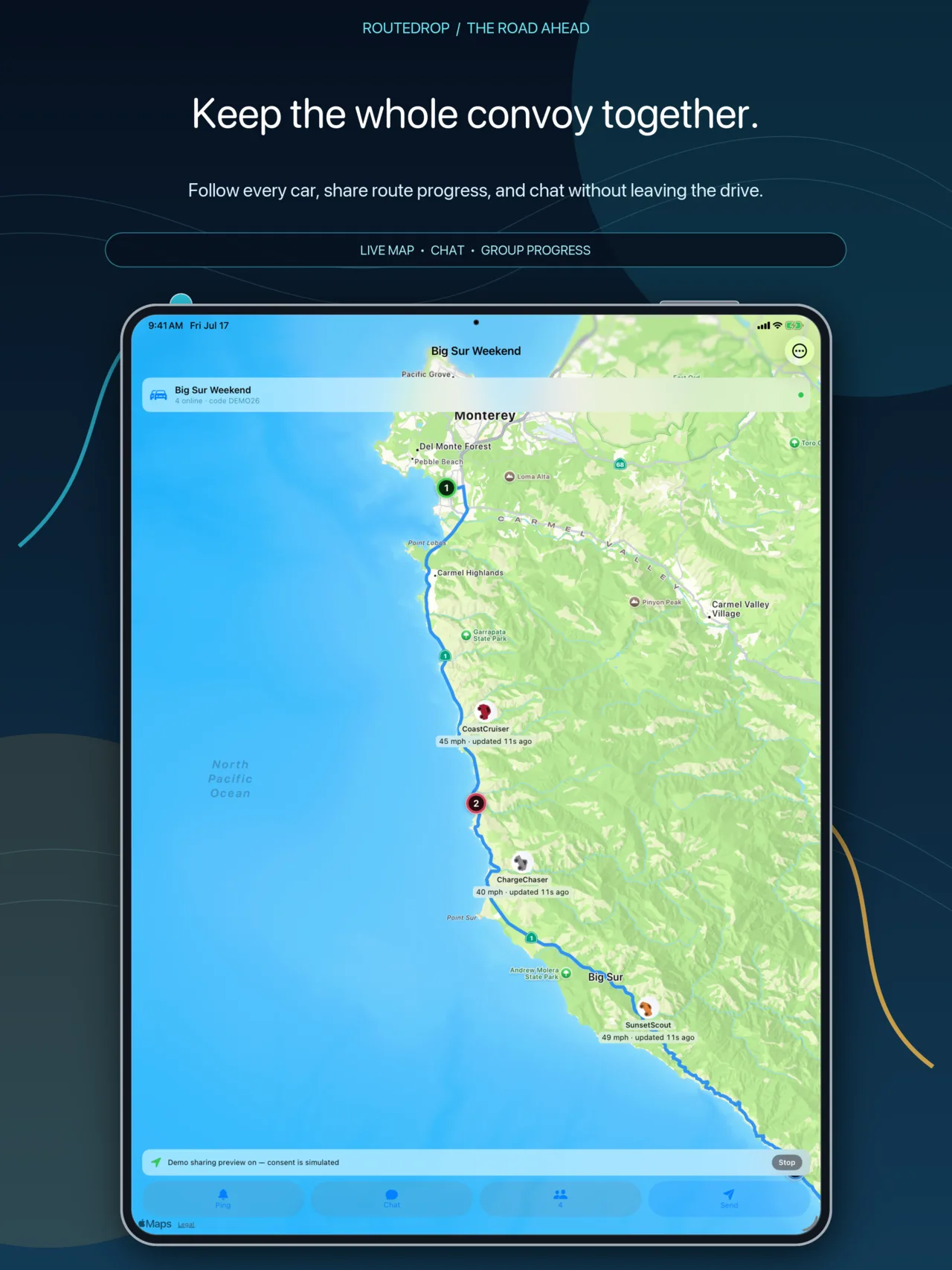 RouteDrop EV Convoy on iPad showing a routed line, moving vehicles, roster, quick pings, and text chat.